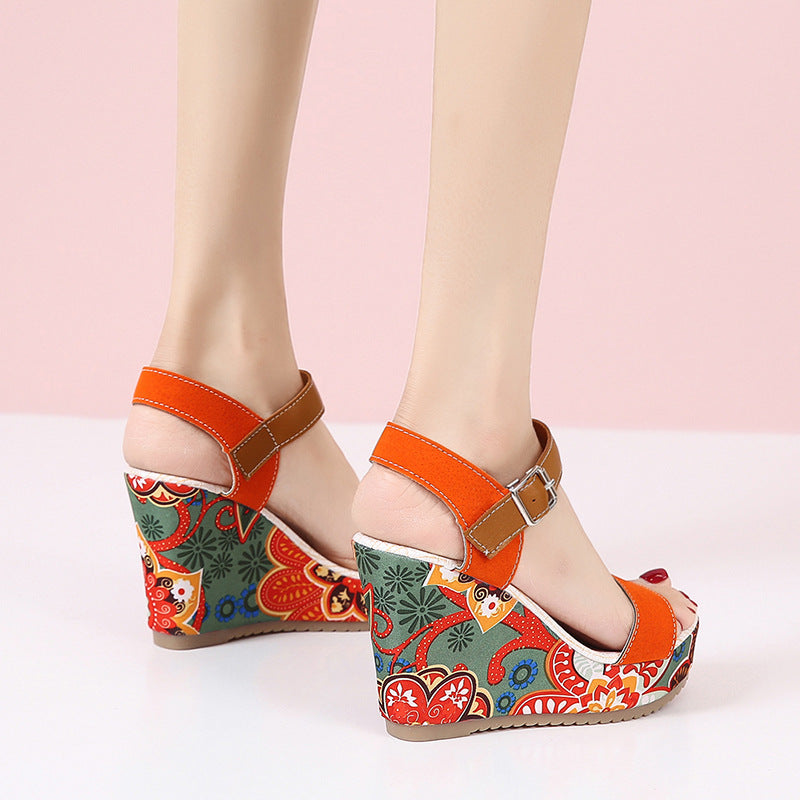 Sarah Express Floral Embroidered Platform Wedge Sandals