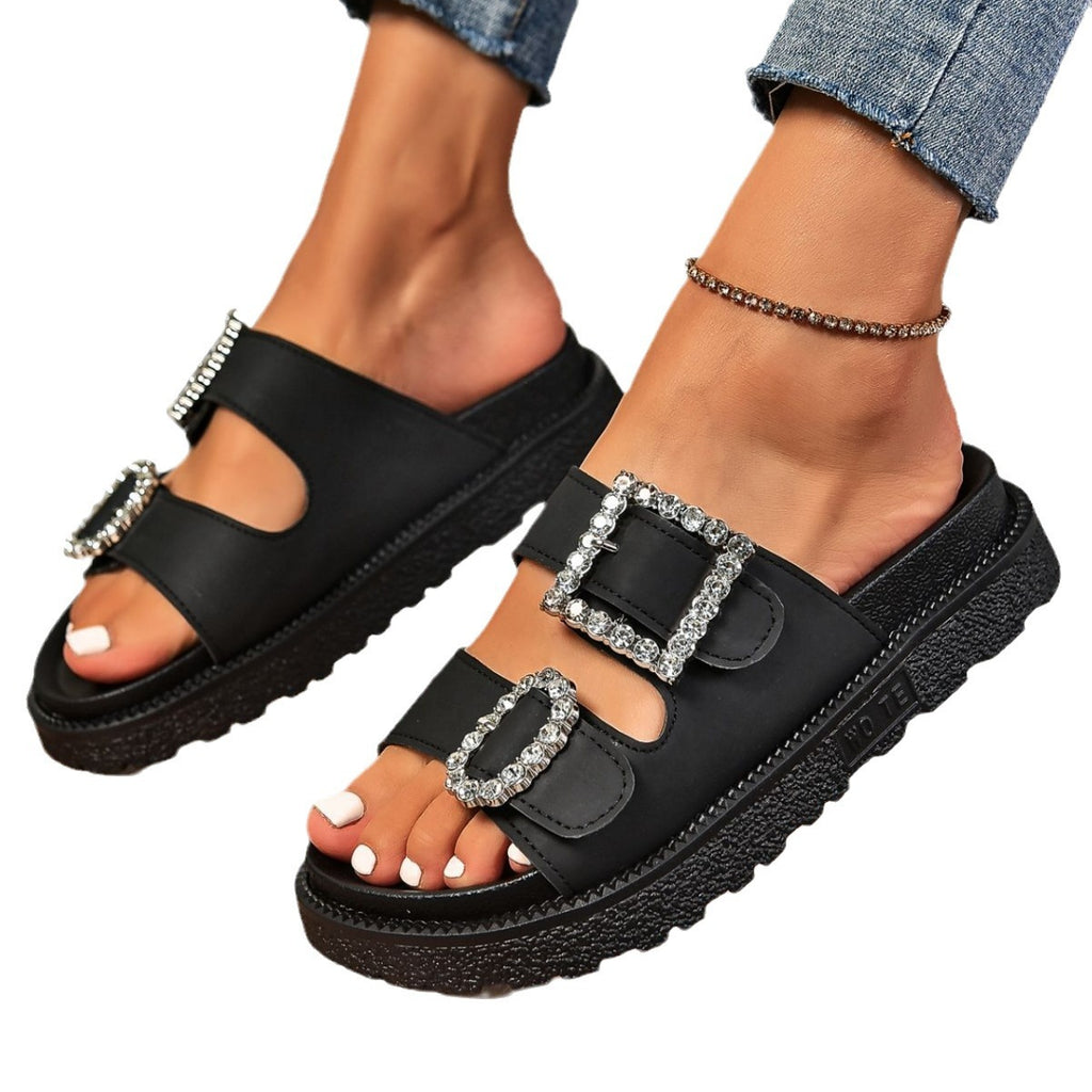 Sarah Express Rhinestone Buckle Platform Slide Sandals