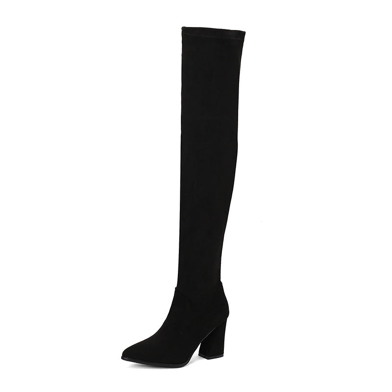 Sarah Express Suede Pointed Toe Chunky Heel Boots Black