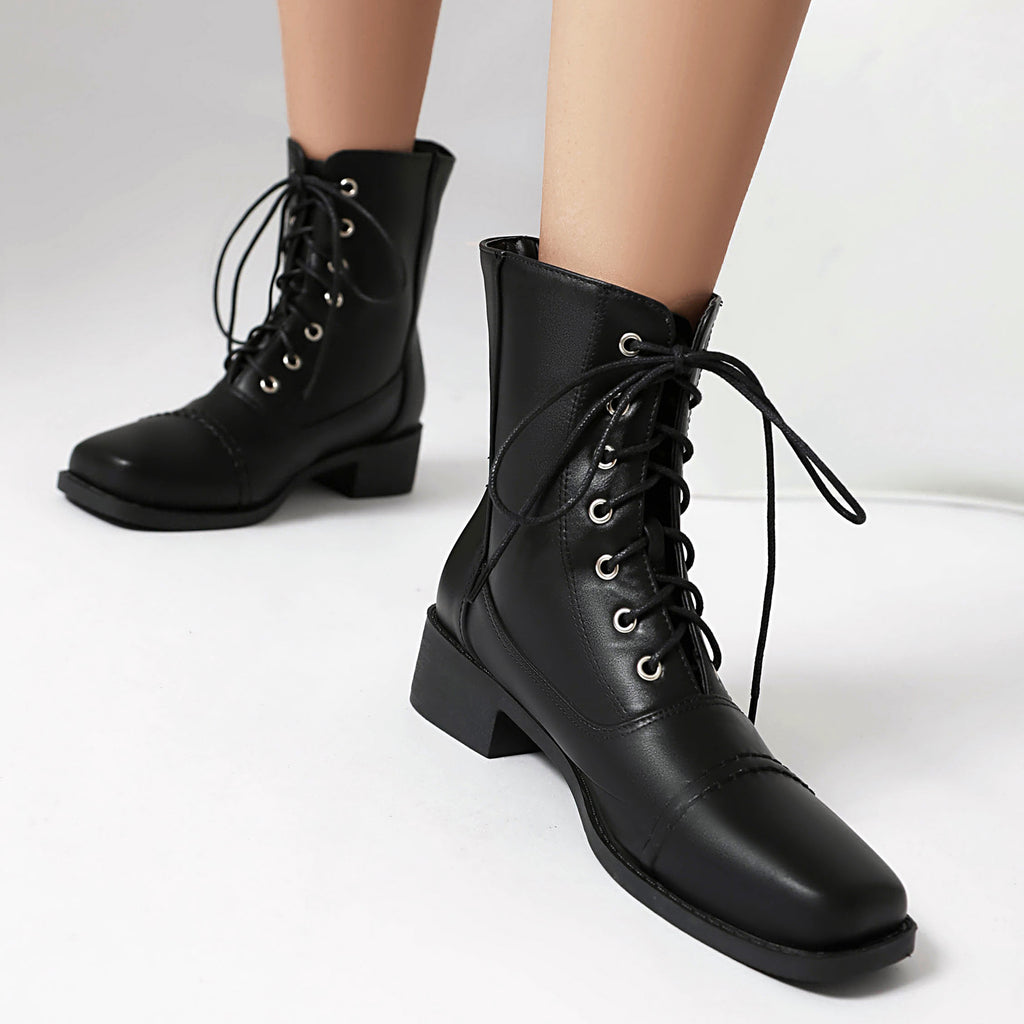 Sarah Express Women's Lace-Up Square-Toe Motorcycle Boots