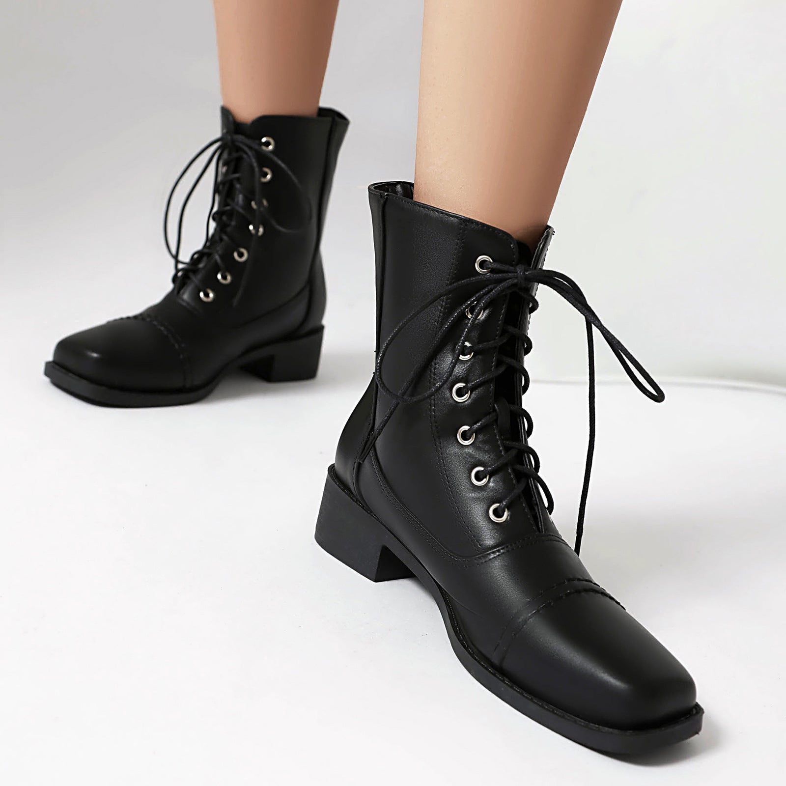 Sarah Express Women's Lace-Up Square-Toe Motorcycle Boots
