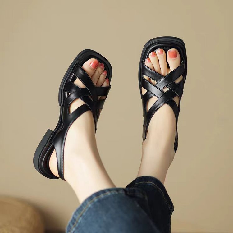 Sarah Express Patent Leather Square Toe Cross Strap Sandals Black