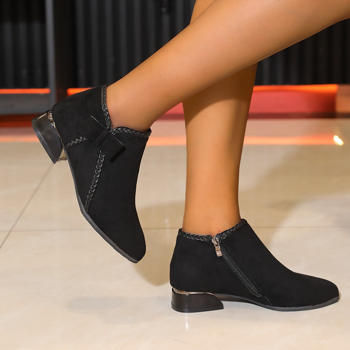 Sarah Express Bow-Tie Pointed-Toe Chunky Heel Ankle Boots