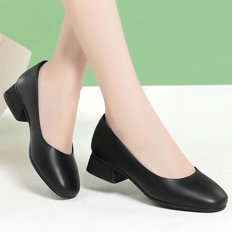 Sarah Express Square Toe Chunky Low Heel Pumps Black