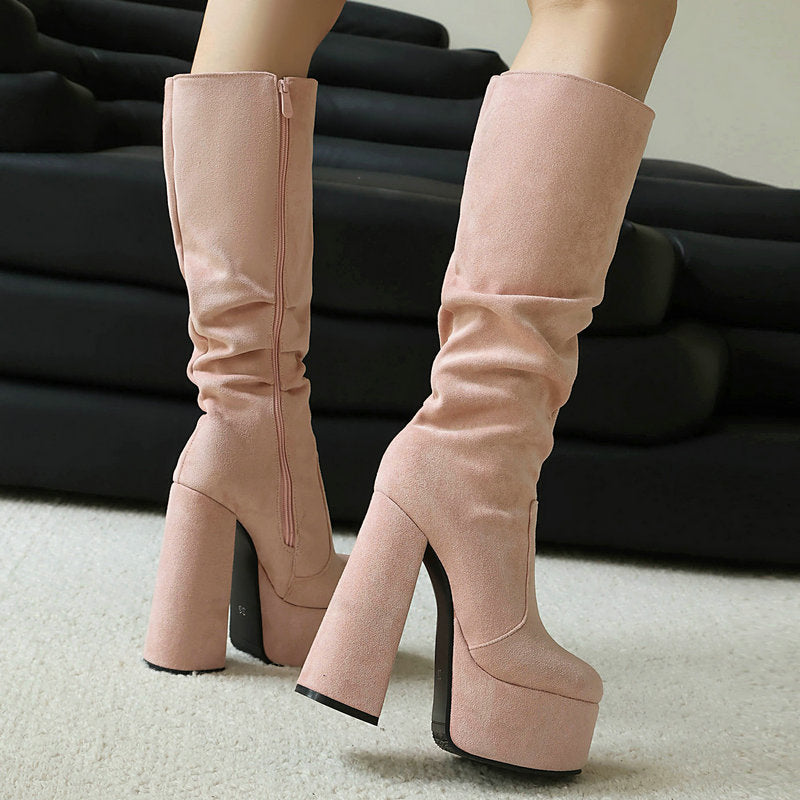 Sarah Express Stretch Suede Chunky High Heel Boots