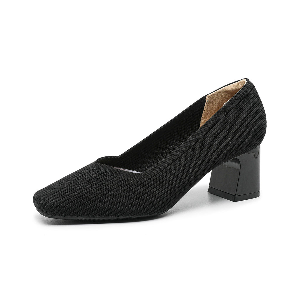 Sarah Express Square Toe Chunky Heel Flyknit Pumps Straight Black