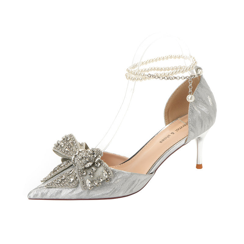 Sarah Express Rhinestone Bow Pointed Toe Pearl Heels Silver6.5