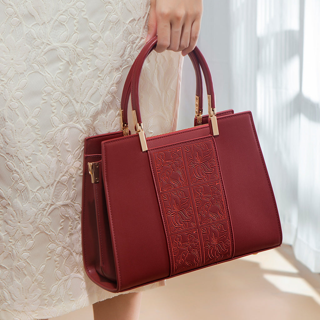 Sarah Express Embroidered Floral Structured Red Handbag