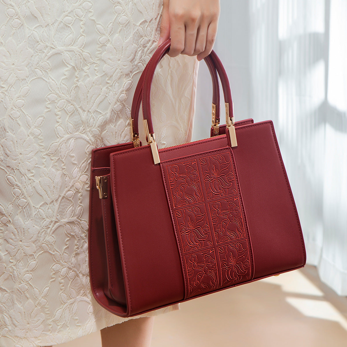 Sarah Express Embroidered Floral Structured Red Handbag