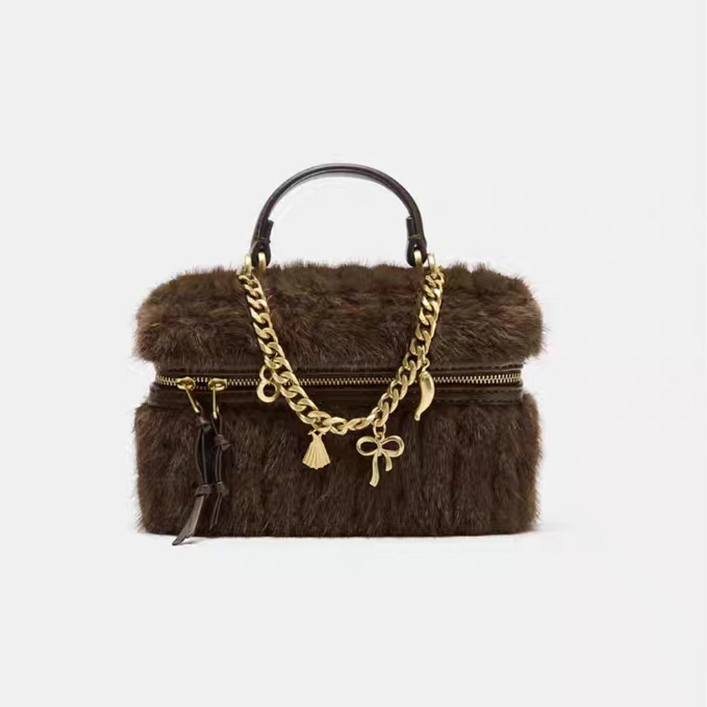 Sarah Express Plush Chain Detail Crossbody Mini Bag Coffee Brown