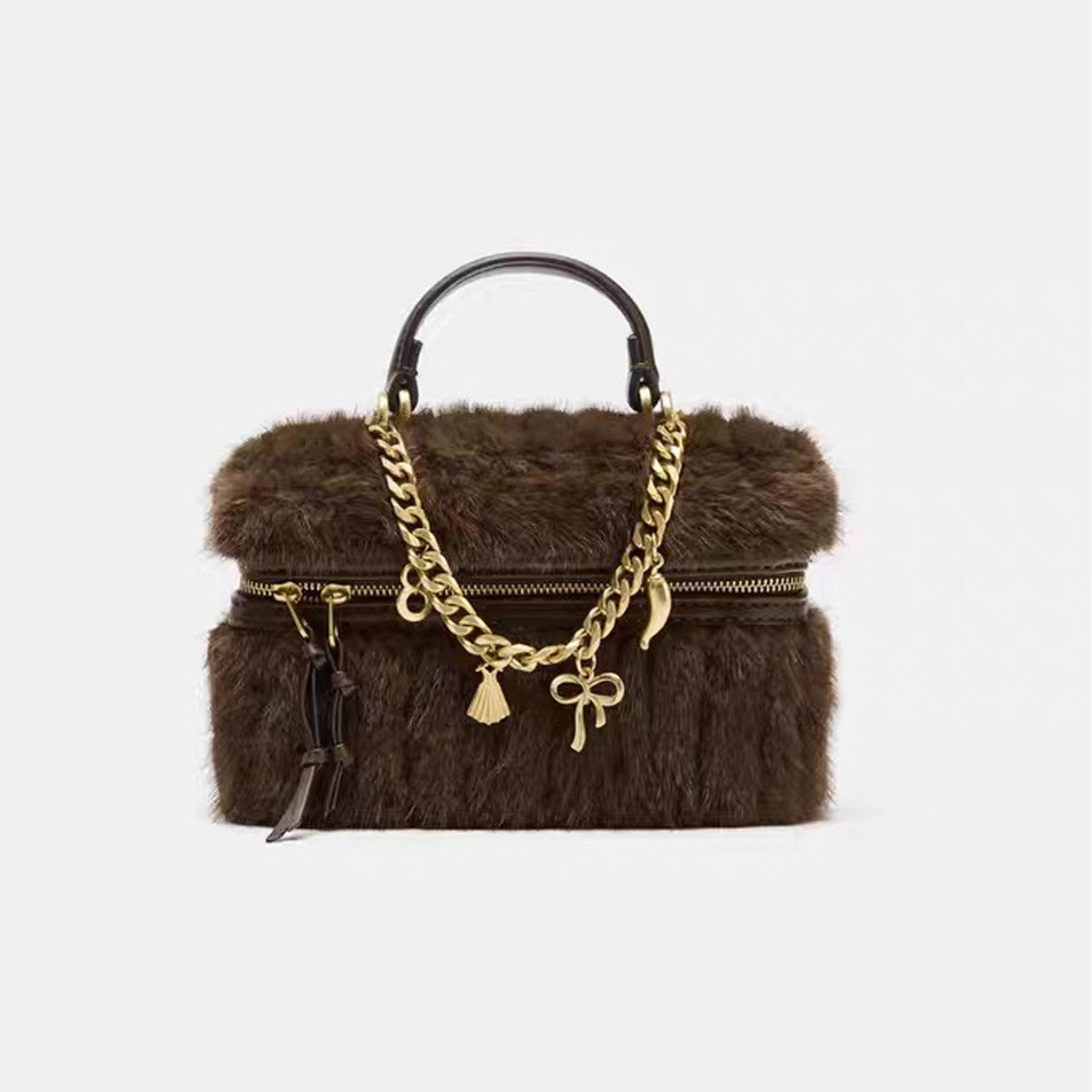Sarah Express Plush Chain Detail Crossbody Mini Bag Coffee Brown
