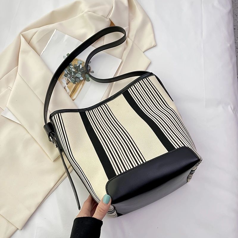 Sarah Express Large Capacity Striped PU Leather Handbag White