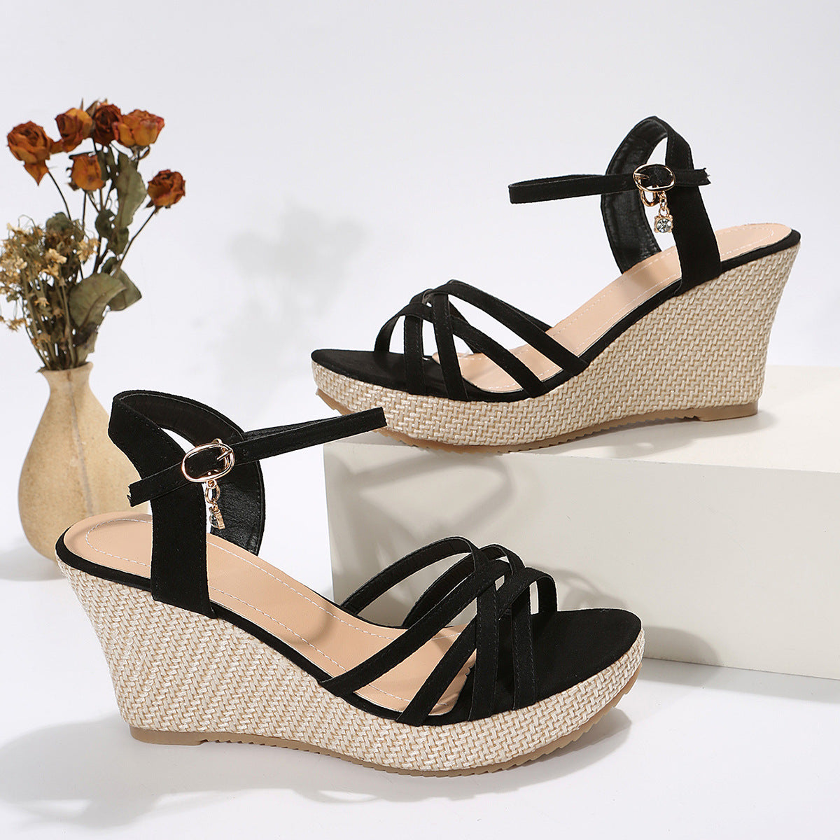 Sarah Express Women's Strappy Wedge Sandals Black