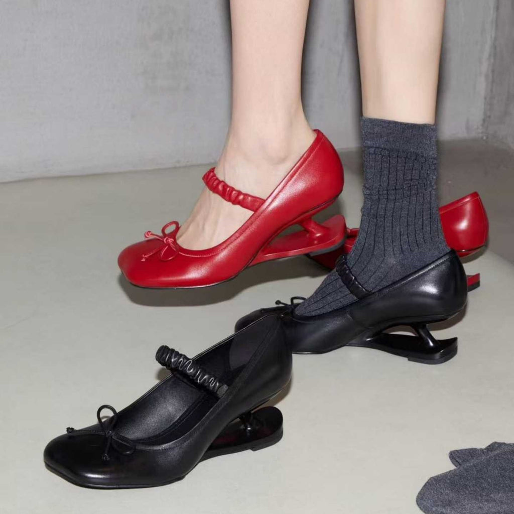 Sarah Express Square Heel Leather Pumps with Bow