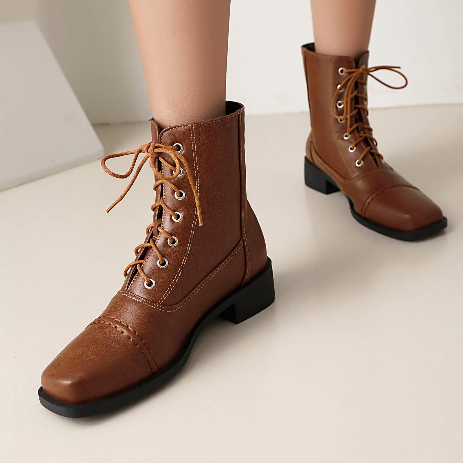 Sarah Express Women's Lace-Up Square-Toe Motorcycle Boots