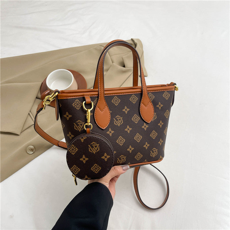 Sarah Express Retro Print Bucket Tote Shoulder Bag Brown