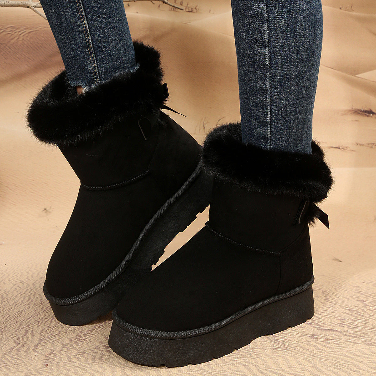 Sarah Express Bow-knot Plush Lined Winter Ankle Boots Black