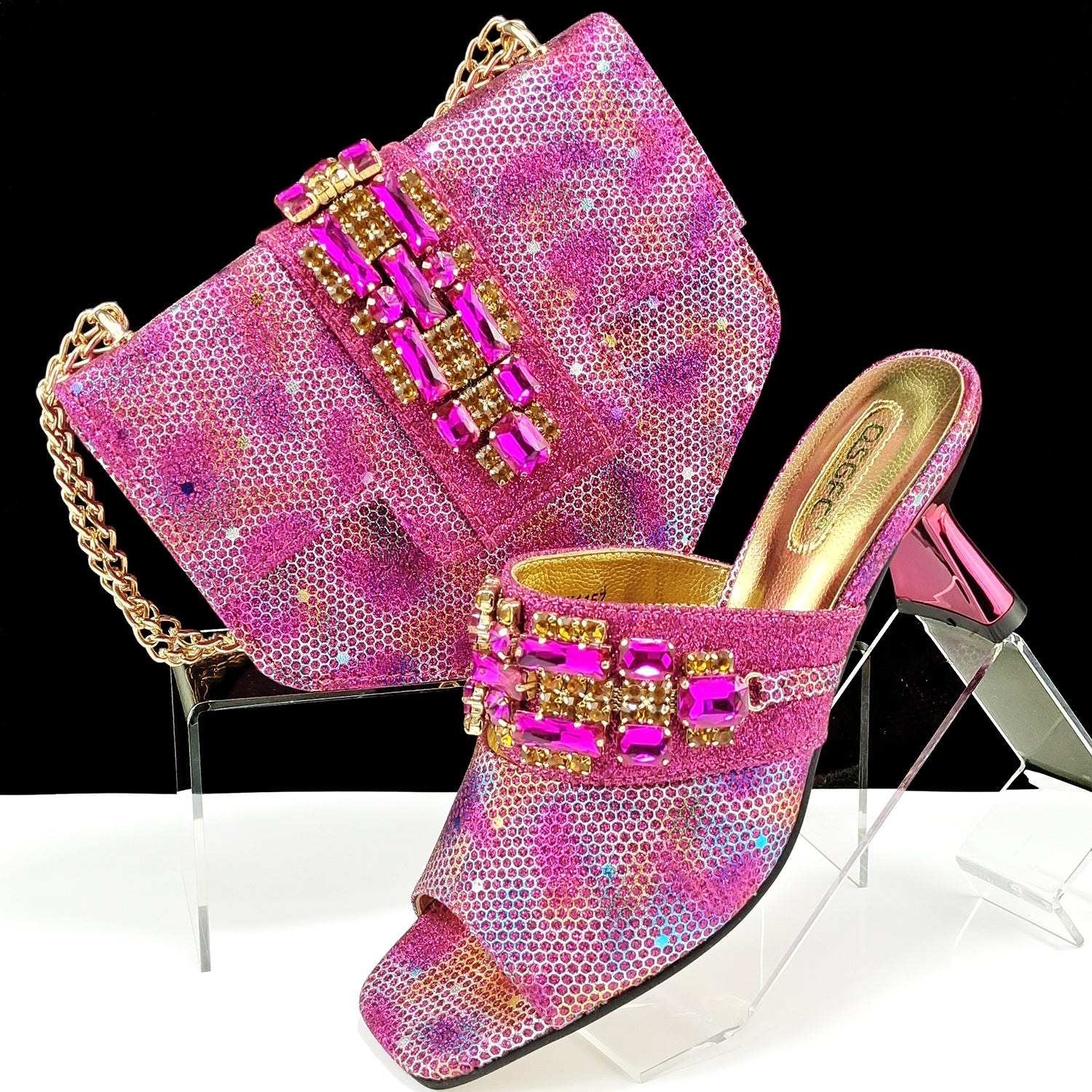 Sarah Express Camouflage Pattern Embellished Mule And Bag Set Magenta
