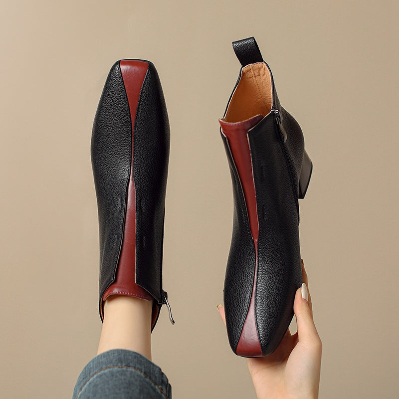 Sarah Express Retro Square-Toe Sheepskin Chunky Heel Boots