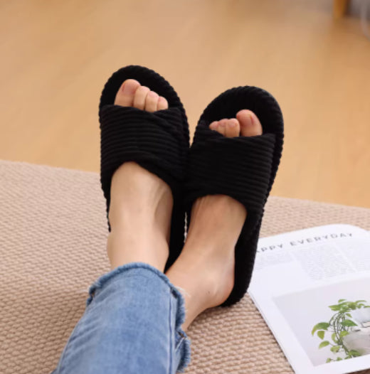 Sarah Express Corduroy Velcro Adjustable Slide Sandals Black