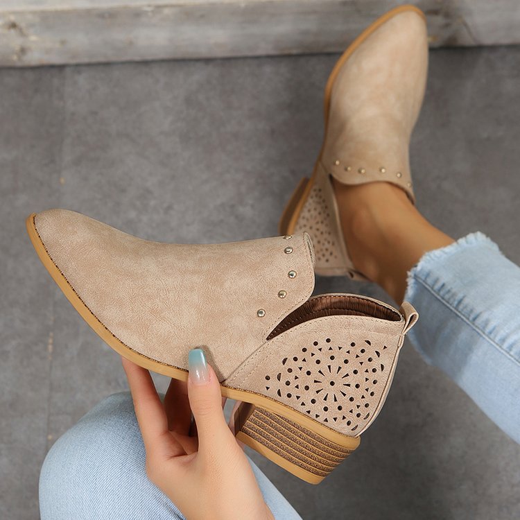 Sarah Express Women's Retro Studded Pointed-Toe Ankle Boots Khaki