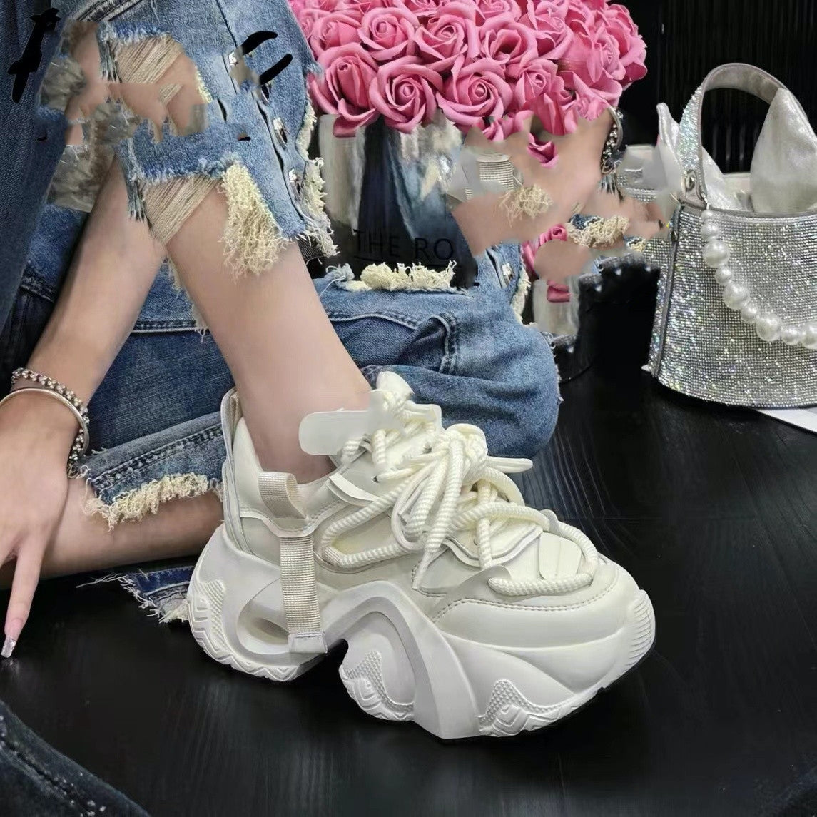 Sarah Express Women's Lightweight Platform Lace-Up Sneakers Creamy White