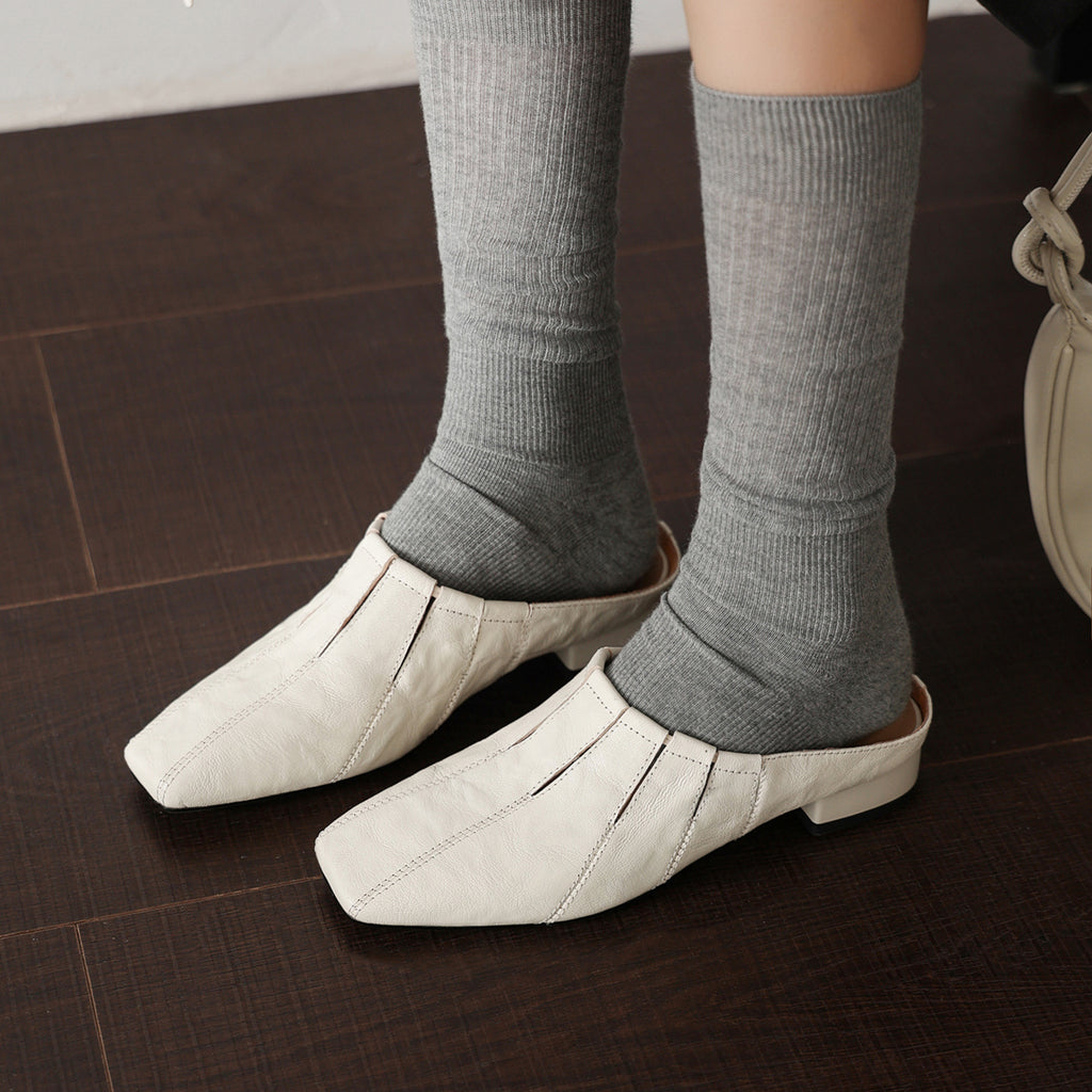 Sarah Express Washed Cowhide Square-Toe Low Block Mules