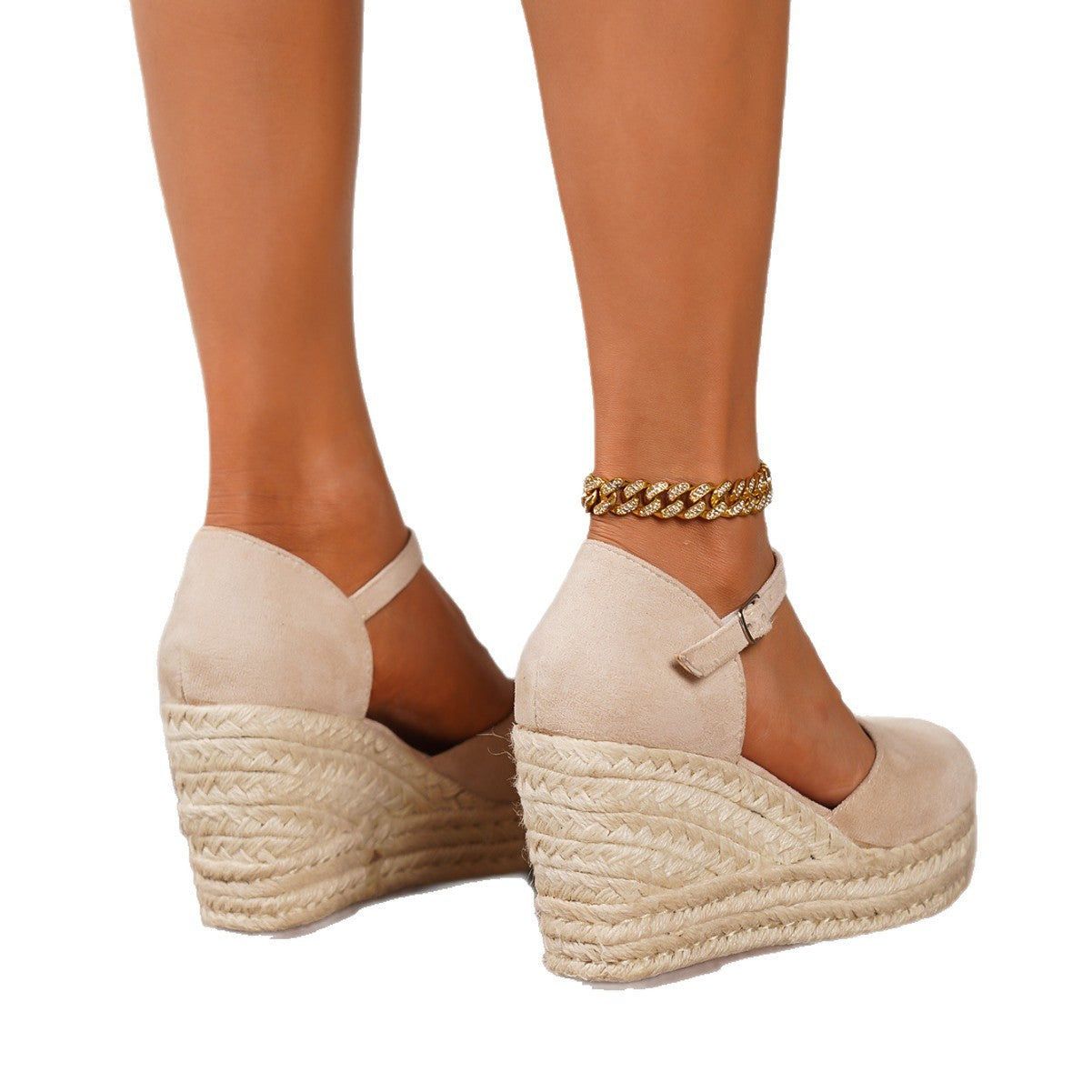 Sarah Express Vintage Straw Wedge Sandals Buckle Strap