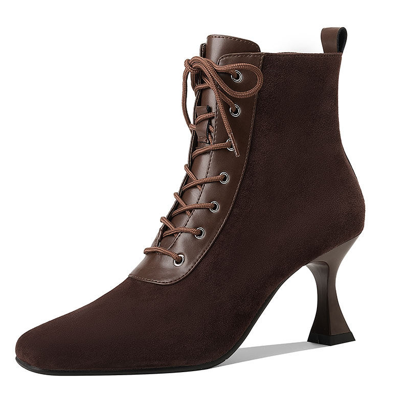 Sarah Express Retro Square-Toe Stiletto Ankle Boots Brown