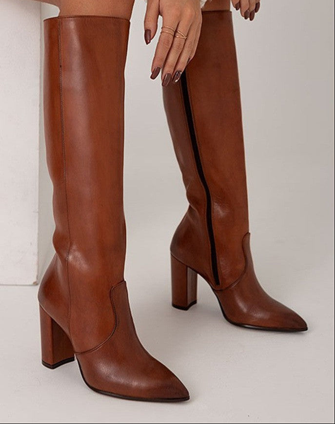 Sarah Express Pointed Toe Chunky Heel Thigh Boots Brown