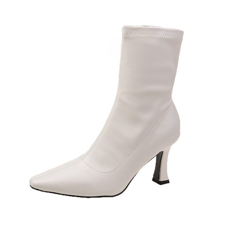 Sarah Express Retro Mid-Calf Pointed Toe Stiletto Boots Beige