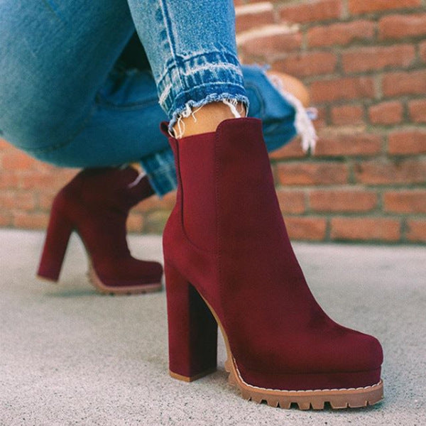 Sarah Express Suede Square Heel Platform Ankle Boots