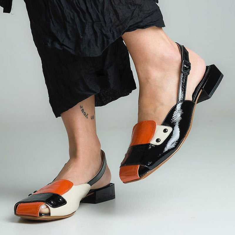 Sarah Express Color-Blocked Buckle Strap Block Heel Sandals Orange