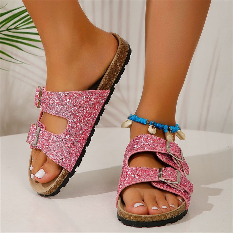 Sarah Express Women's Sequined Double Buckle Slide Sandals Pink