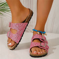 Sarah Express Women's Sequined Double Buckle Slide Sandals Pink