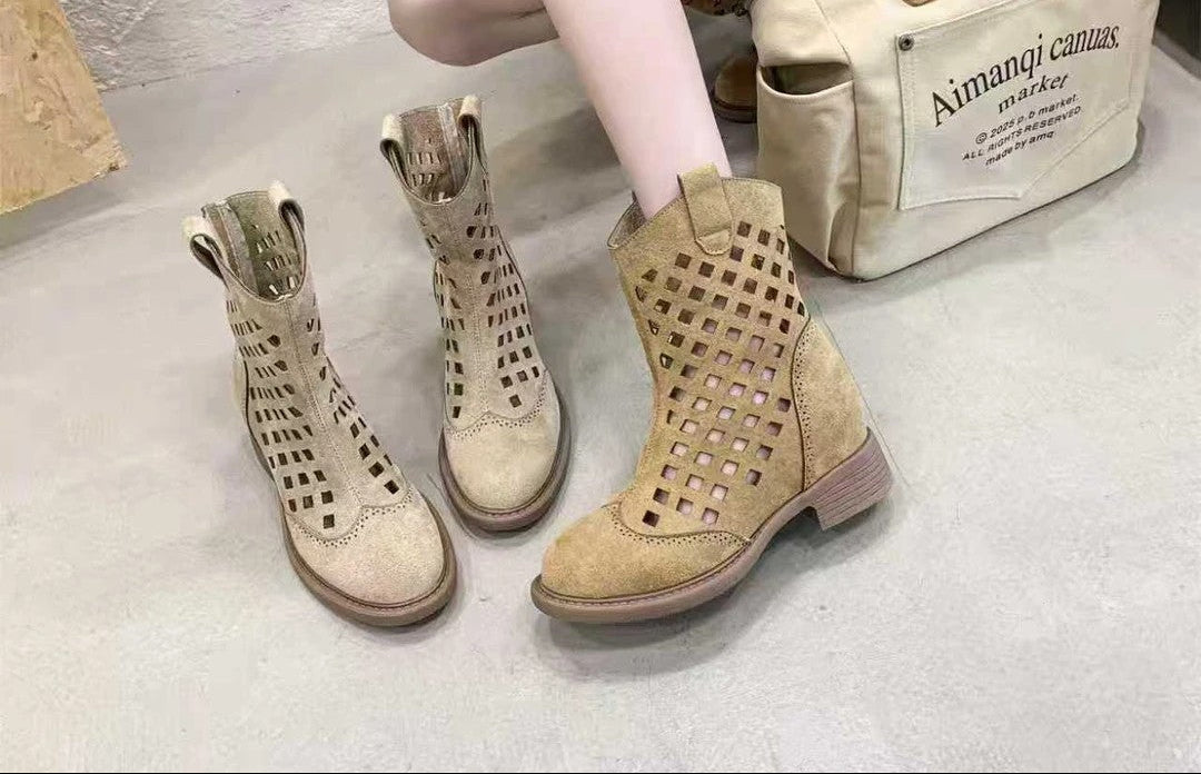 Sarah Express Hollowed-Out Mesh Mid-Calf Chunky Boots