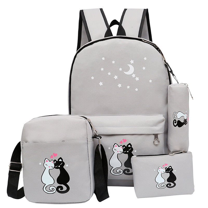 Sarah Express Cartoon Cat Print Canvas Backpack Set