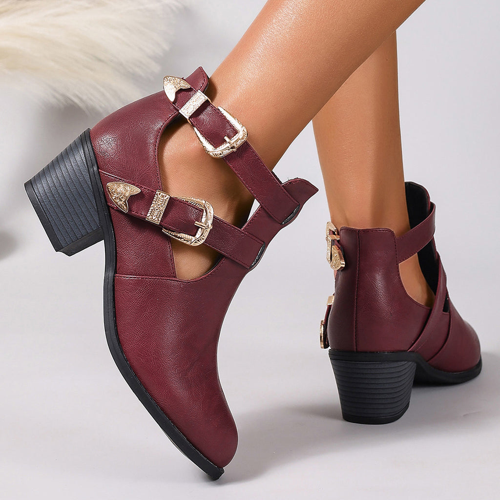 Sarah Express Wine Red Punk Style Buckle Ankle Boots