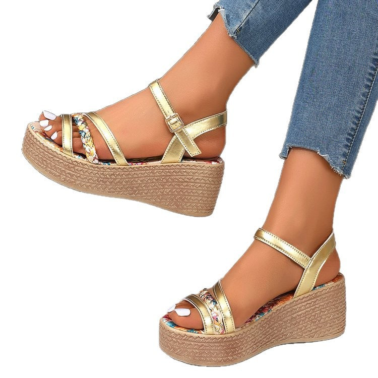 Sarah Express Gold Roman Slip-On Platform Sandals