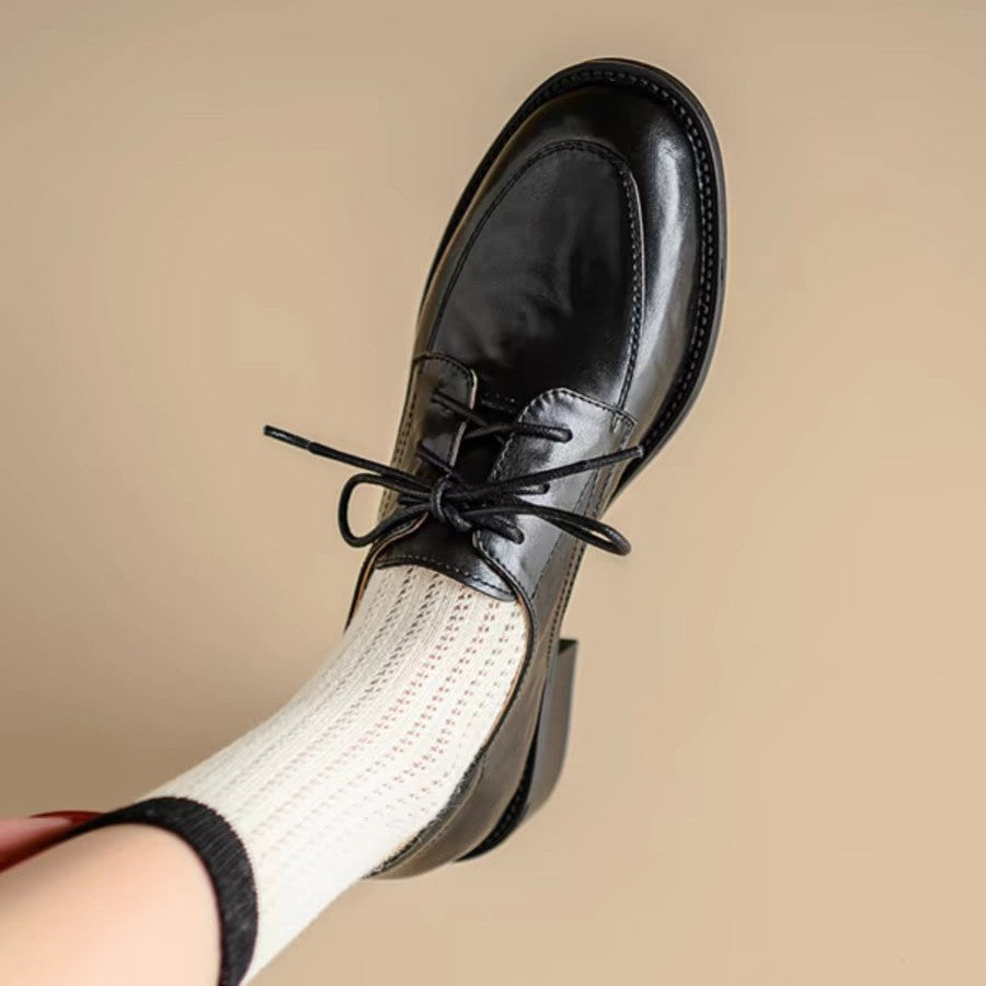 Sarah Express Round Toe Chunky Heel Leather Loafers