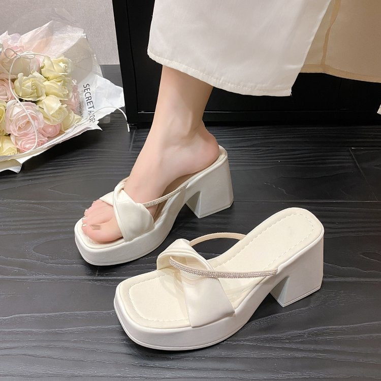 Sarah Express Rhinestone Block Heel Square Toe Sandals