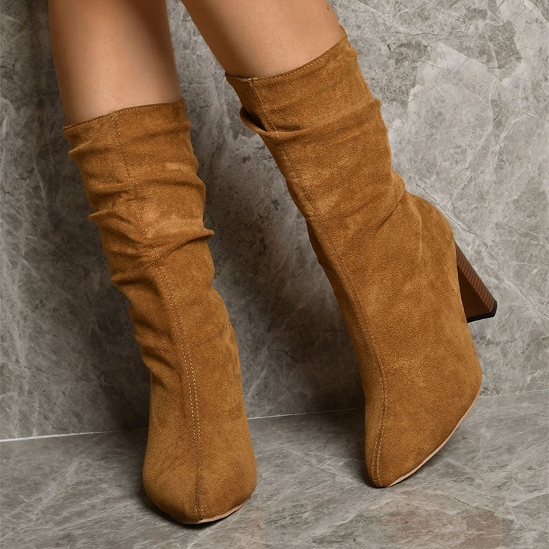 Sarah Express Pointed-Toe Mid-Calf Block Heel Boots