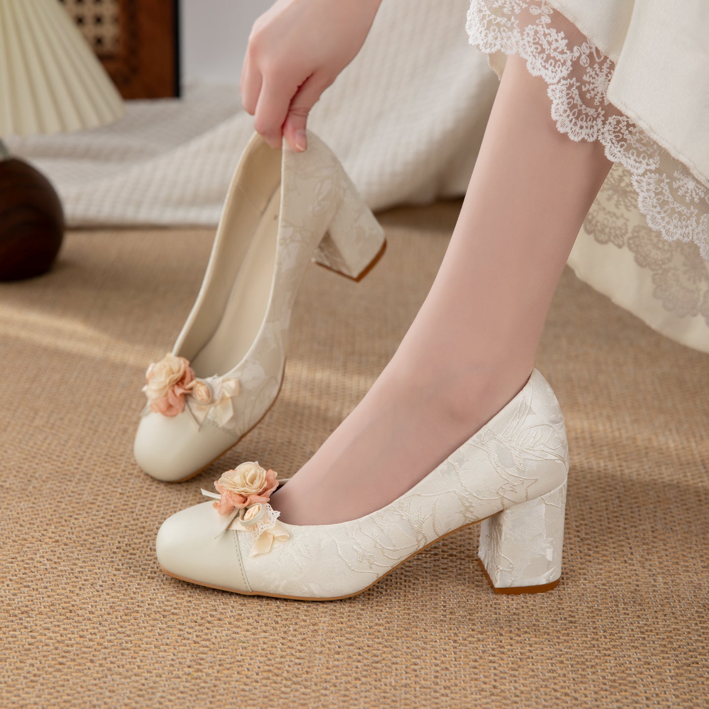 Sarah Express Floral Jacquard Square Toe Block Heels