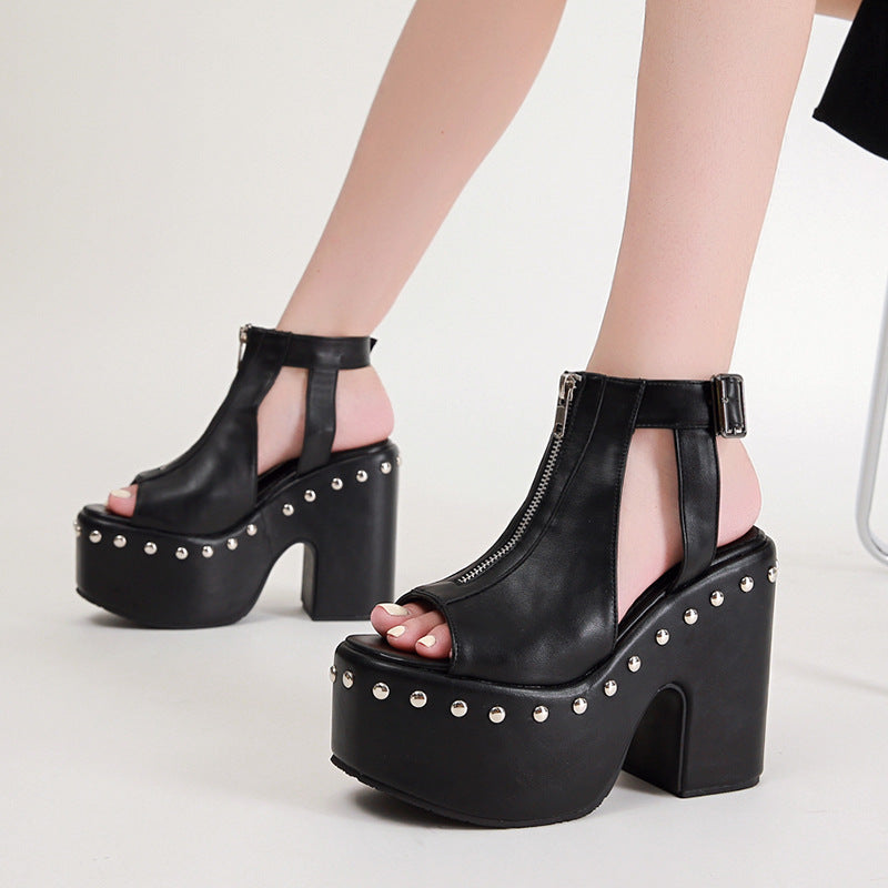 Sarah Express Platform Rivet Front Zip Sandals
