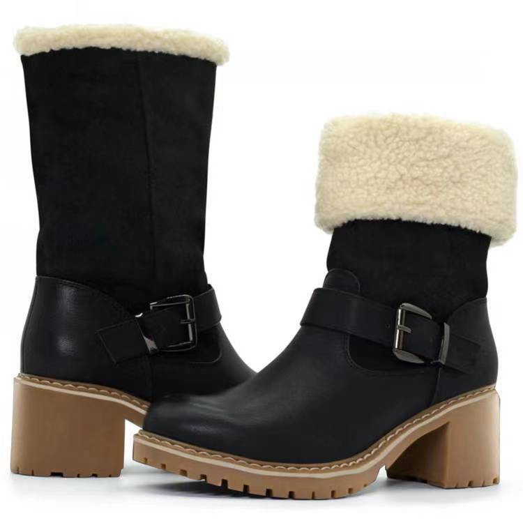 Sarah Express Women's Buckle Chunky Heel Western Boots Black