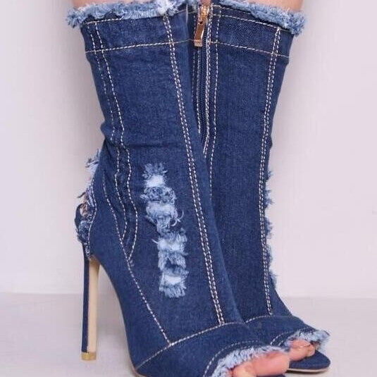 Sarah Express Peep Toe Distressed Denim Stiletto Boots