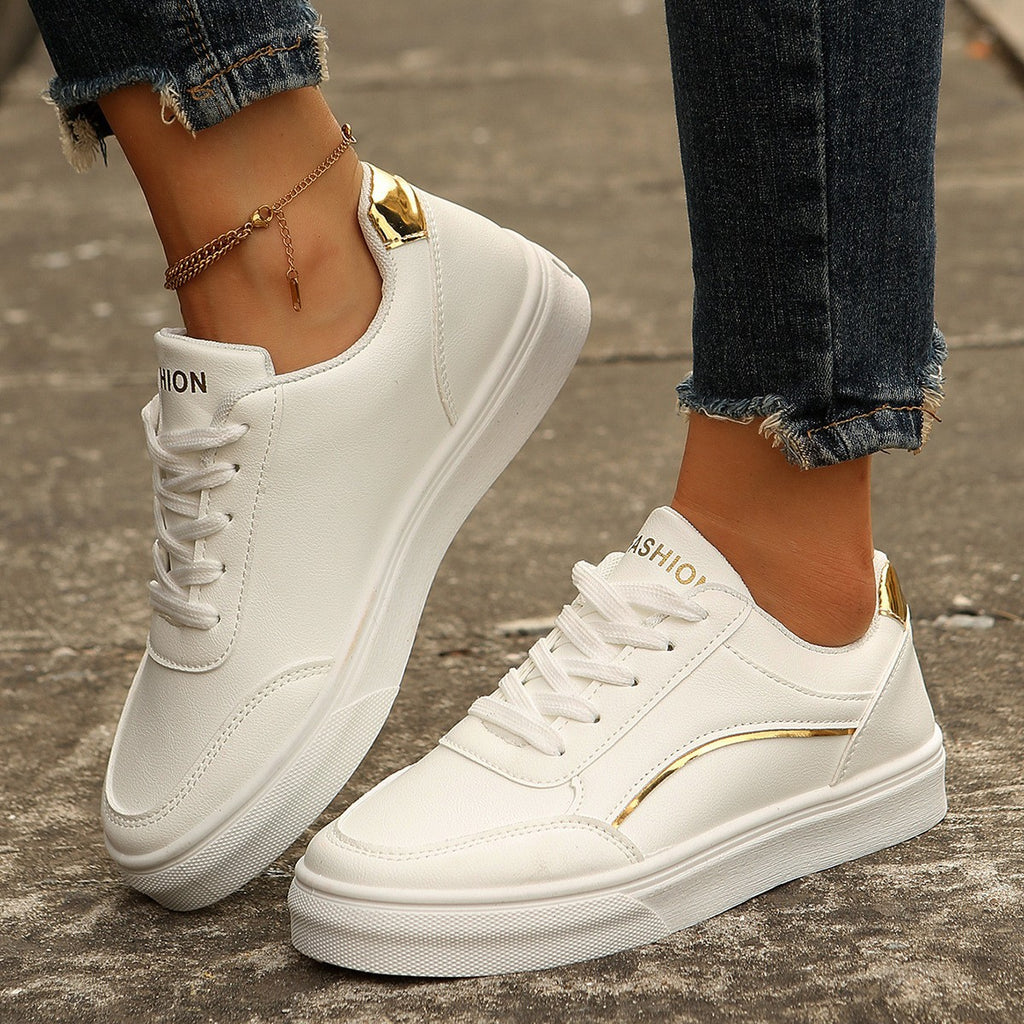 Sarah Express Lace-Up Platform Sneakers Round Toe Flats Gold