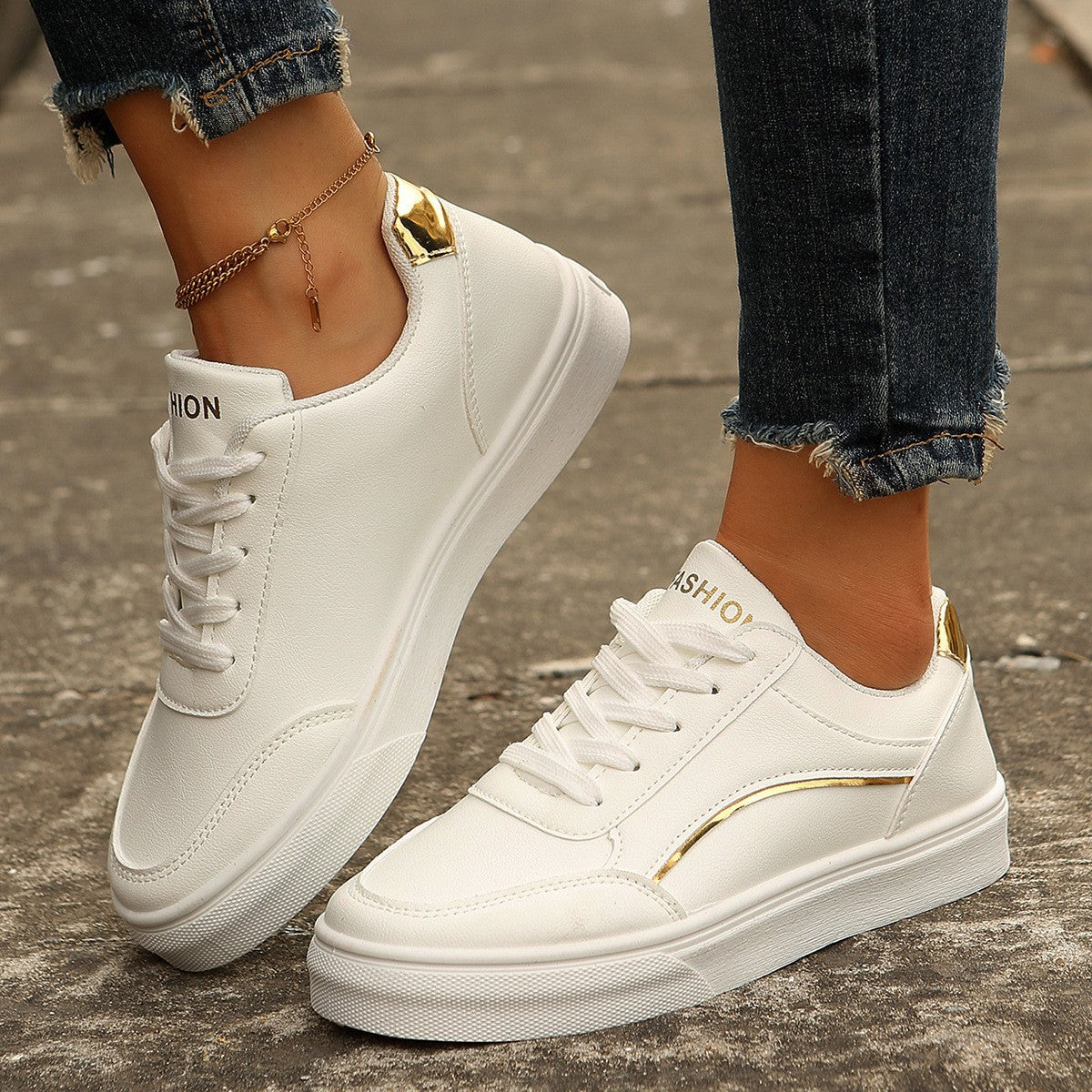 Sarah Express Lace-Up Platform Sneakers Round Toe Flats Gold