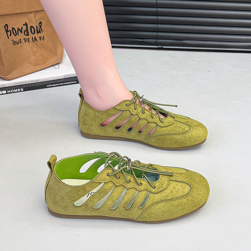 Sarah Express Breathable Hollow Lace-Up Platform Flats Green
