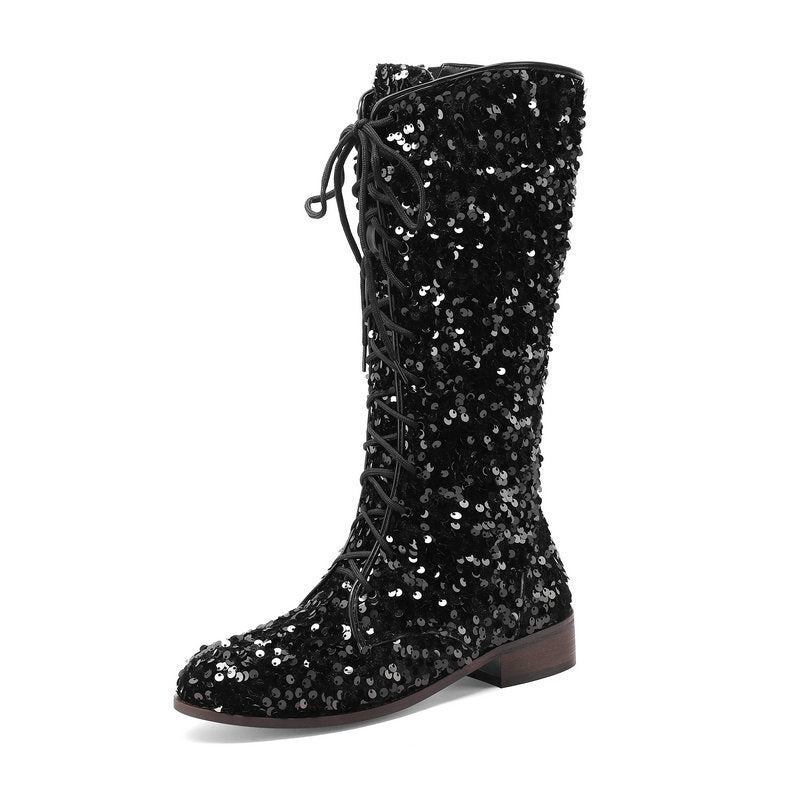Sarah Express Glitter Sequin Over-the-Knee Lace-Up Boots Black